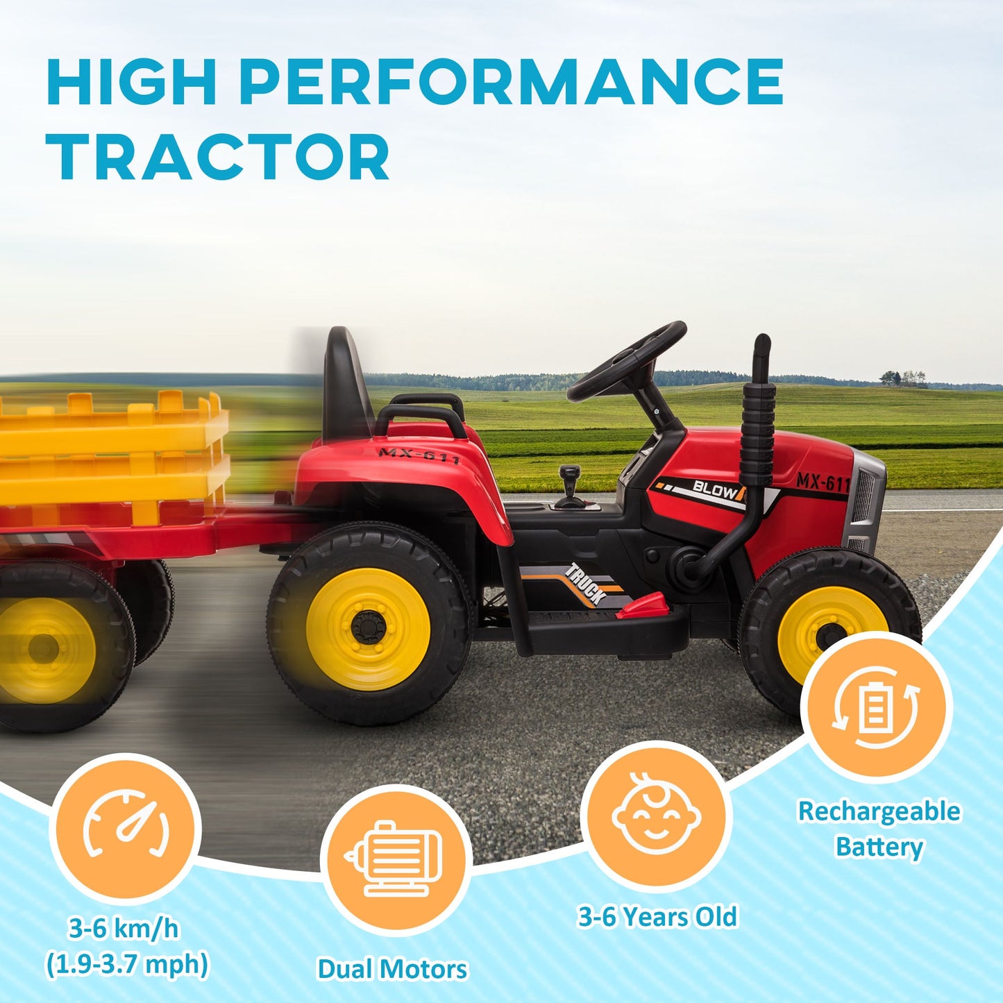 Electric Tractor for Children 3-6 Years with Removable Trailer, 12V Battery and Remote Control, Red