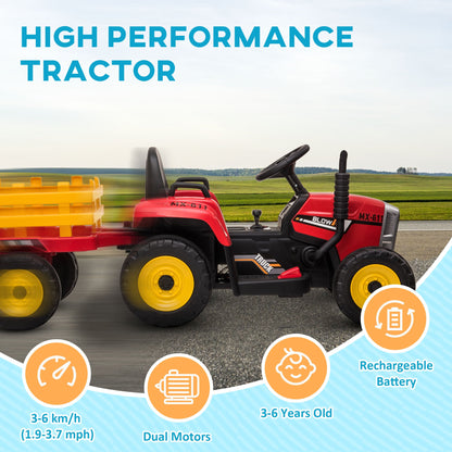 Electric Tractor for Children 3-6 Years with Removable Trailer, 12V Battery and Remote Control, Red