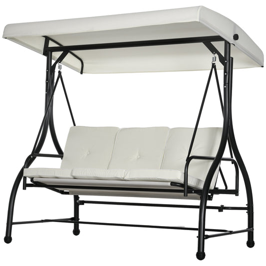 3 Seater Garden Swing Bed with Adjustable Canopy, Steel and Polyester, 195x117x175 cm, Cream and Black