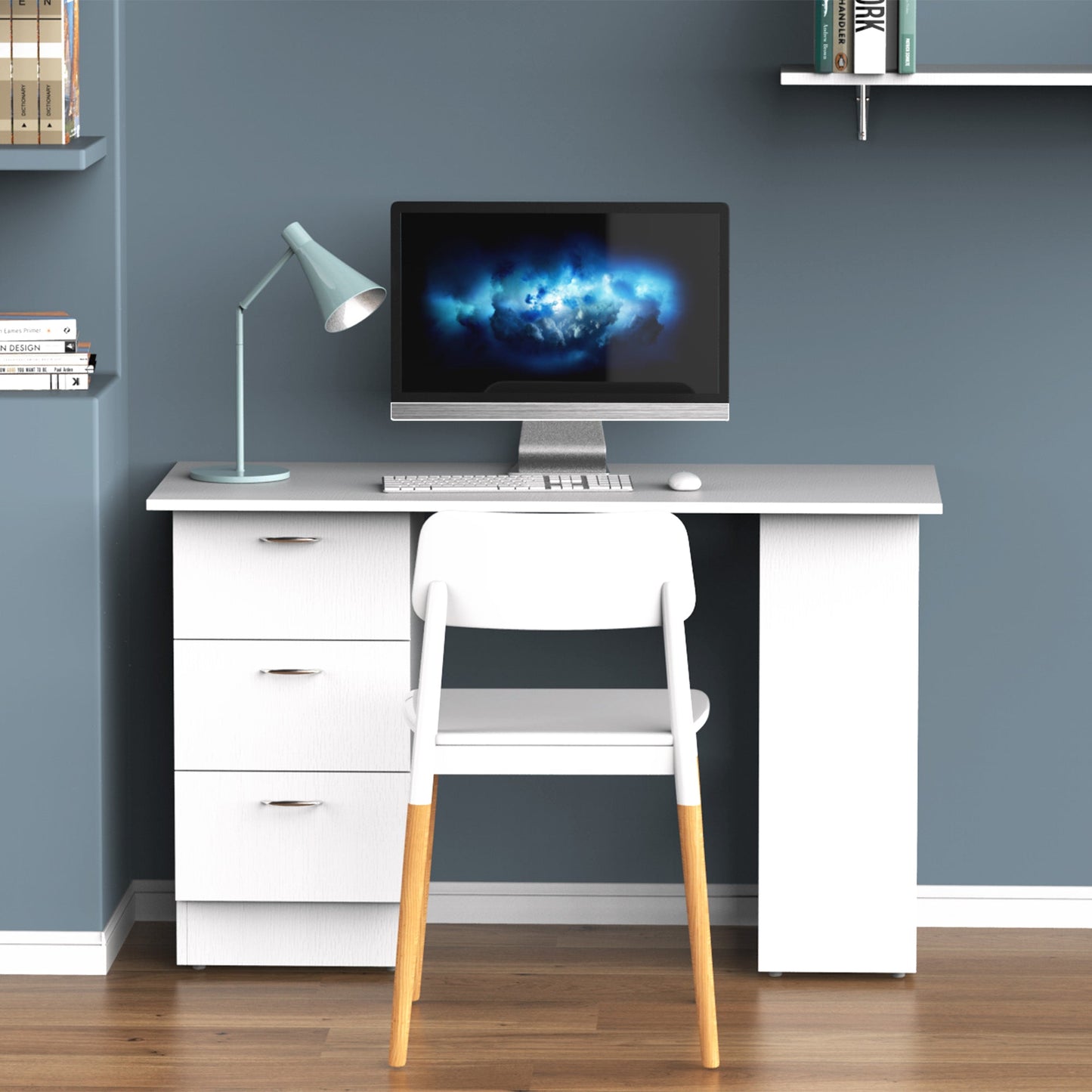 Computer Desk with 3 Drawers and 3 Shelves, Wooden Desk for Bedroom and Office 120x49x72cm White