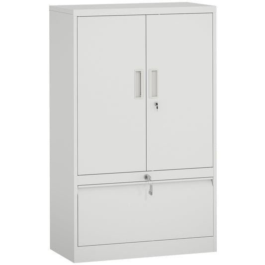 Steel Office Cabinet with Adjustable Internal Shelf and Drawer, 80x40x130 cm, White