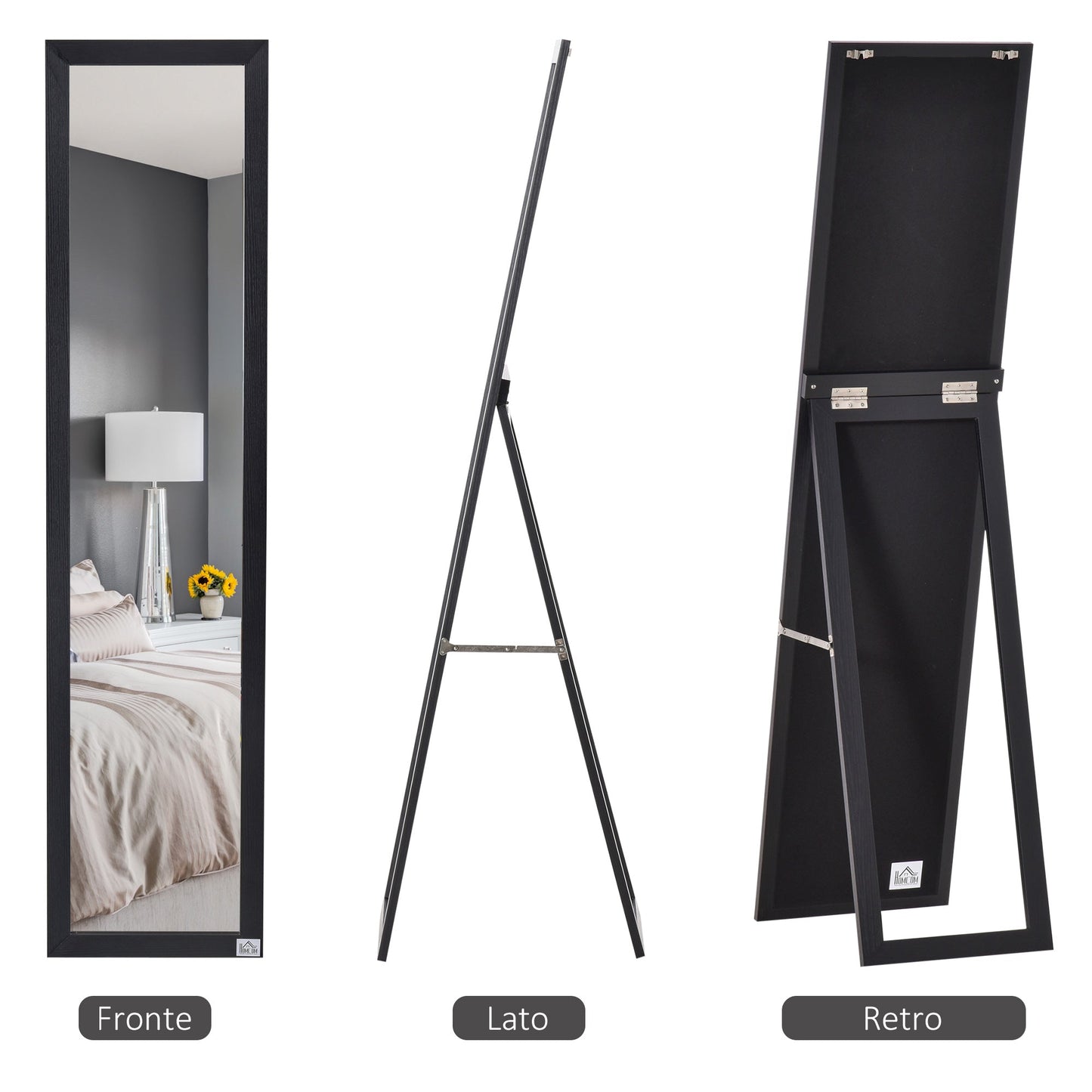Floor and Wall Mirror with Folding Stand and MDF Frame, 37x48x152cm, Black