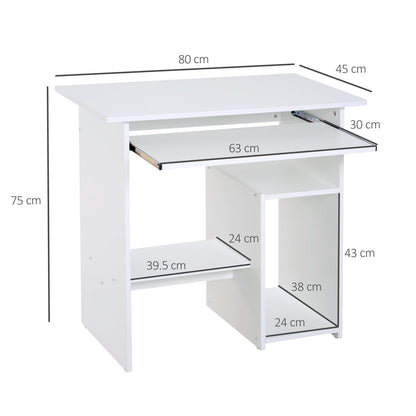Space-Saving Home Office Desk, Modern Computer Desk, PC Stand, CPU Shelf and Pull-Out Wooden Keyboard Tray, 80x45x75cm, White