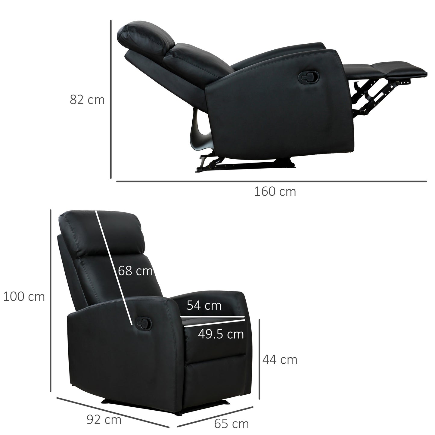 Reclining Relax Chair, Adjustable and Ergonomic, PU Leather with Padding, for Home and Office, 65x92x100 cm, Black