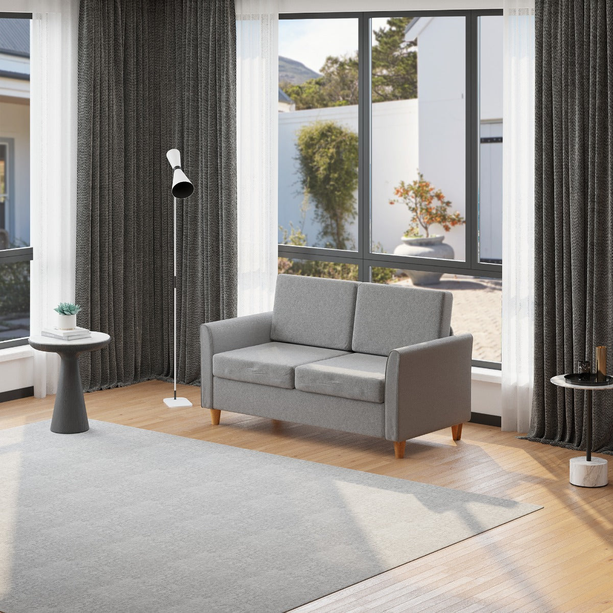 Sofa two seats Modern and compact line in Grey and wood linen (70cmx141cmx78cm)