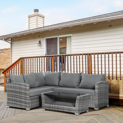 4-Piece PE Rattan Garden Furniture Set, Corner Sofa and Glass Coffee Table, Padded and Removable Cushions, Grey