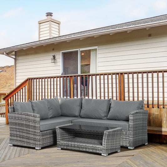 4-Piece PE Rattan Garden Furniture Set, Corner Sofa and Glass Coffee Table, Padded and Removable Cushions, Grey