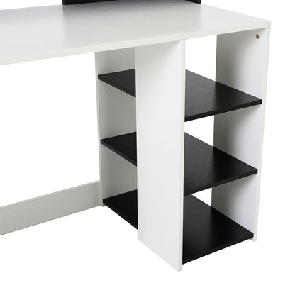 Office Desk with Printer Shelf, 2 Drawers and 3 Shelves, in Black and White MDF, 137 x 55 x 92cm
