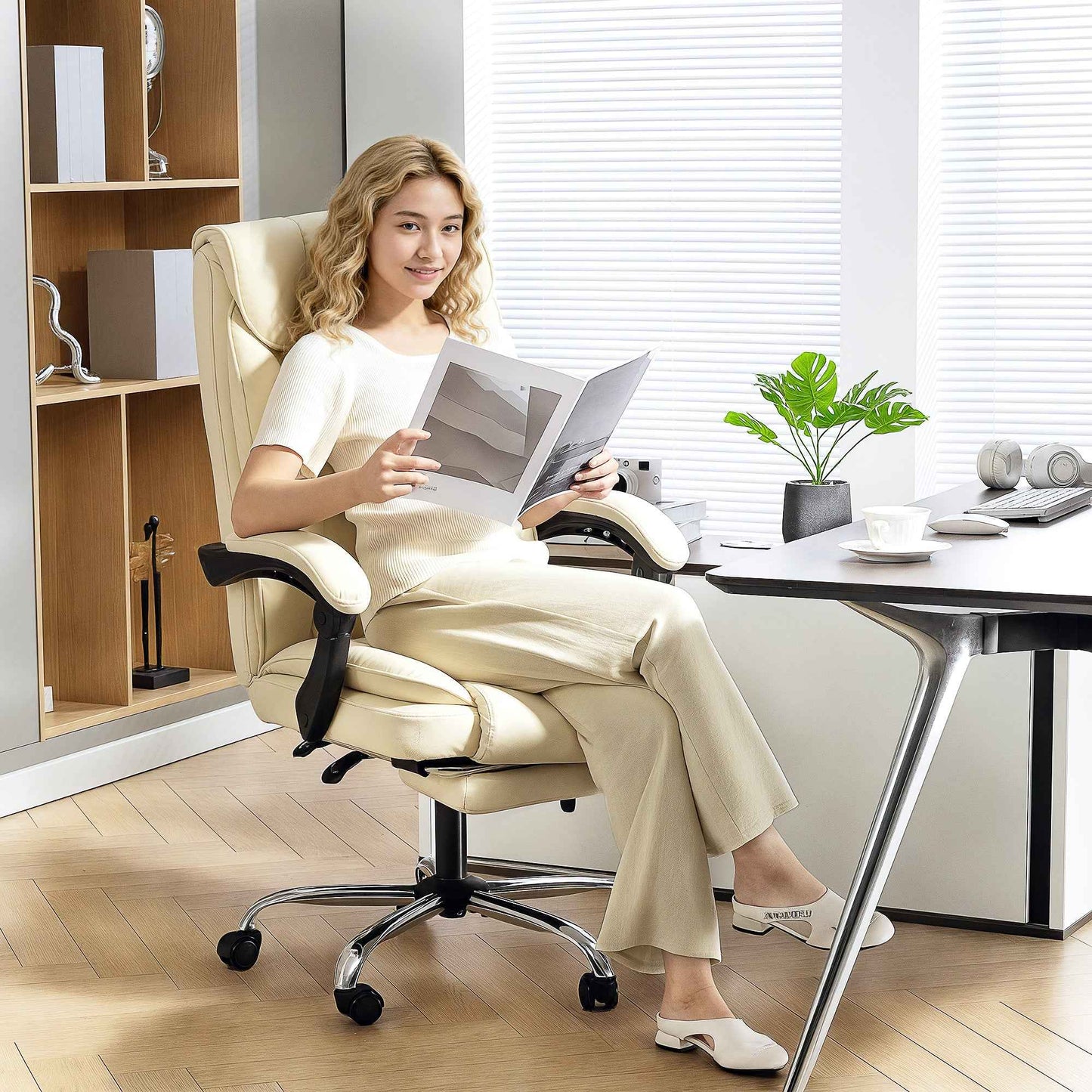 155° Reclining Office Chair with Footrest, Double Padding and Faux Leather Upholstery, Beige