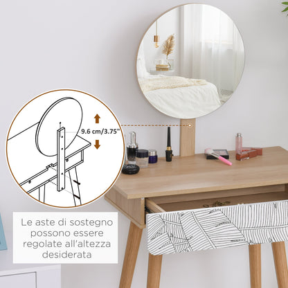 Dressing Table with Circular Mirror Ф39cm, Makeup Console with Drawer in Jungle Decor, White and Oak, 70x39x119-128cm