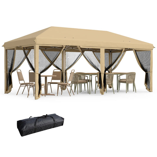 6x3m Folding Garden Gazebo with Mosquito Net, Adjustable Height and Carry Bag, Beige