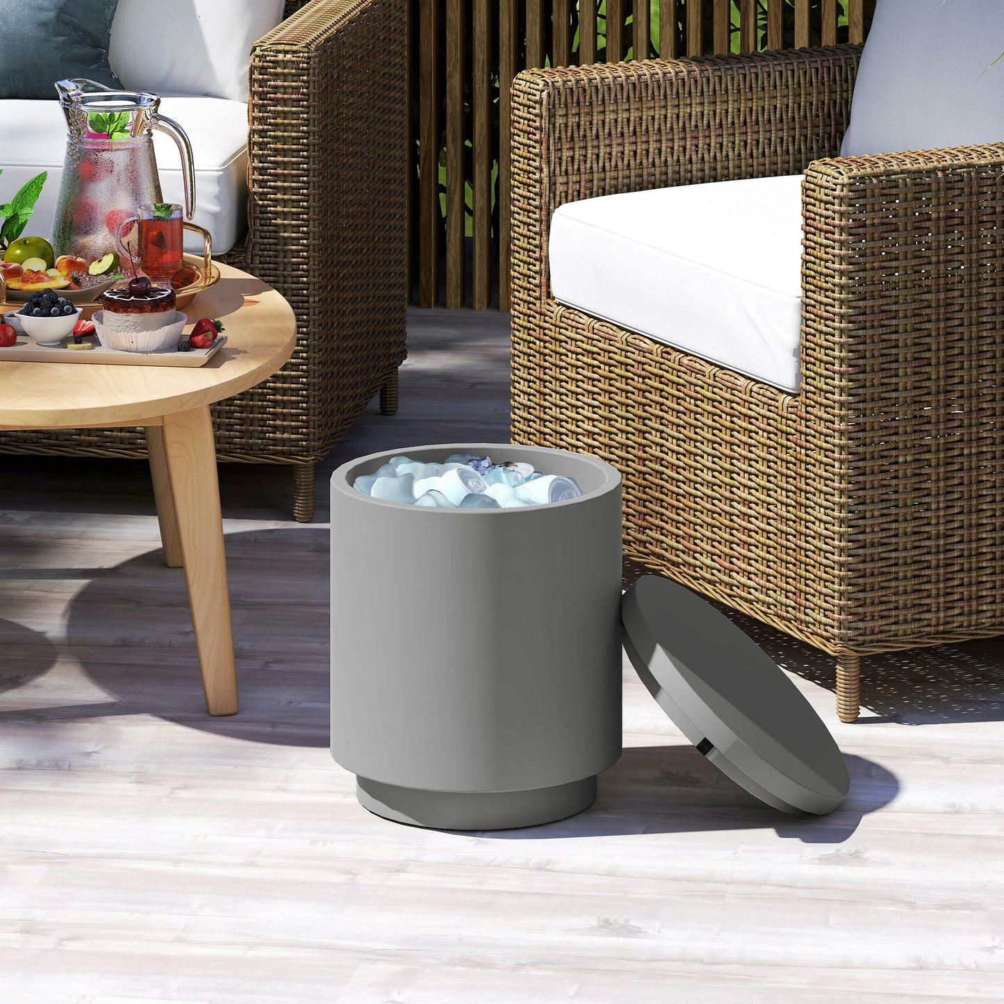 Multipurpose Coffee Table with Ice Bucket and Lid, in Concrete and Stainless Steel, Ø37.5x43.5 cm, Light Grey