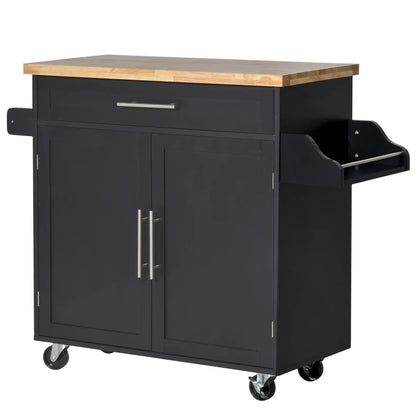 Kitchen Trolley with drawer, door holders and locker, 4 wheels and wooden work surface, 109x40x89cm - Black