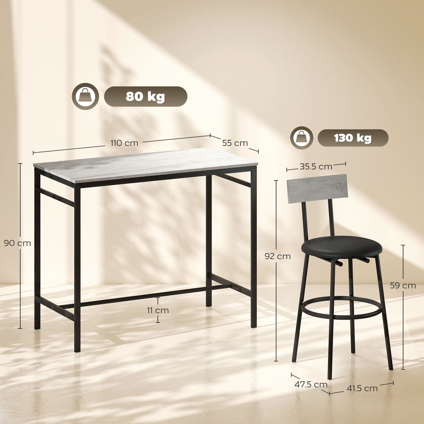 Industrial Style High Table and 4 Bar Stools Set with Backrest and Footrest, Cement Grey