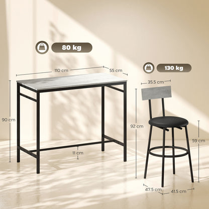 Industrial Style High Table and 4 Bar Stools Set with Backrest and Footrest, Cement Grey
