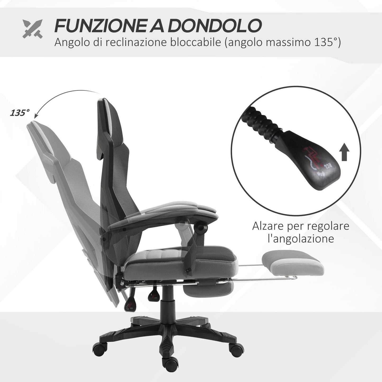 Ergonomic Office Chair with Reclining Backrest, Retractable Footrest, Adjustable Height, Grey