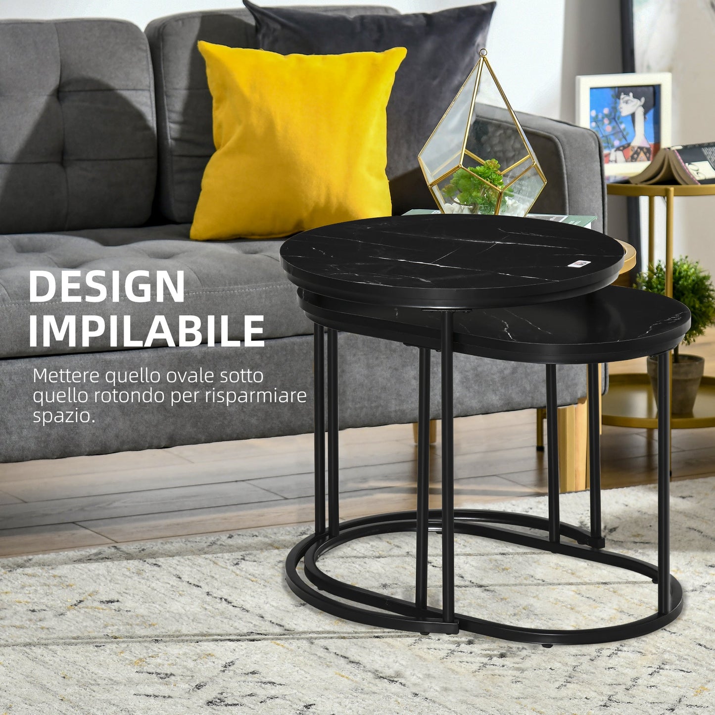 Set of 2 Coffee Tables with Marble Effect Top, in Wood and Steel, Ø50x50.5 cm and 60x36x43.5 cm, Black