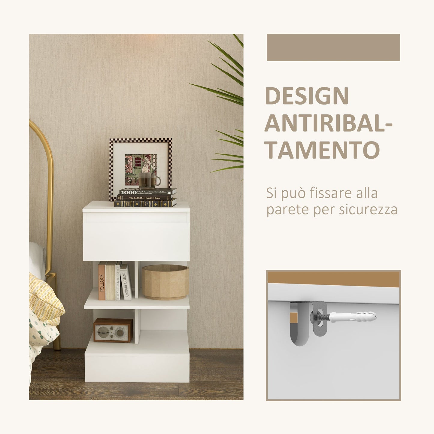 Modern Bedside Table in Chipboard and MDF with a Drawer and 2 Shelves, 39x39x65 cm, White