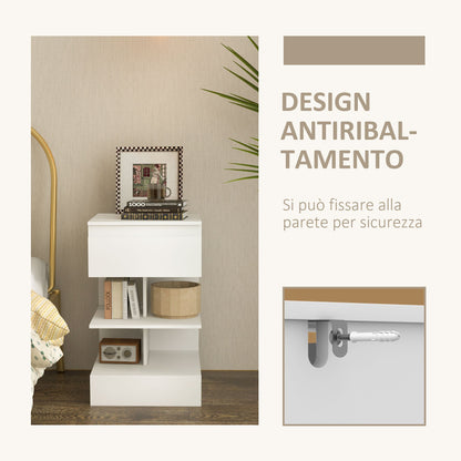 Modern Bedside Table in Chipboard and MDF with a Drawer and 2 Shelves, 39x39x65 cm, White