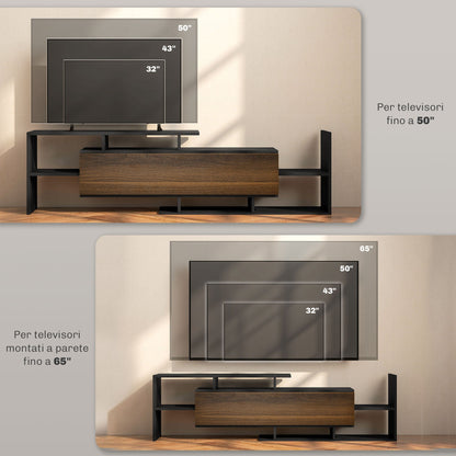 TV Cabinet with Wall Shelf, Open Shelves and Wooden Cabinet, Black and Brown