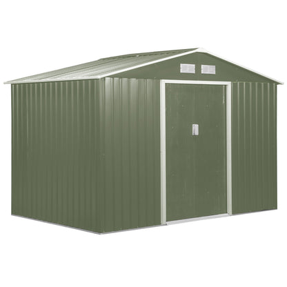 Garden Shed with 2 Sliding Doors and 4 Air Vents in Steel, 277x195x192cm, Light Green