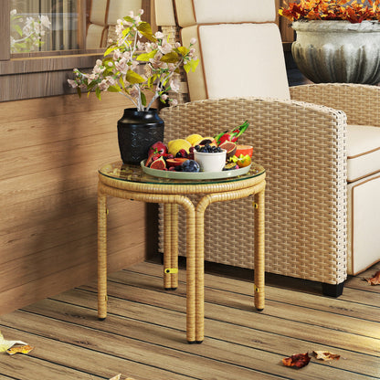 Round Rattan and Glass Garden Coffee Table in Boho Chic Style, Ø50x44 cm, Yellow