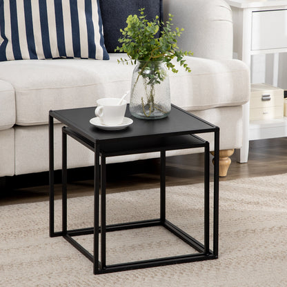 Set of 2 Square Stackable Coffee Tables for Living Room, Steel, Black