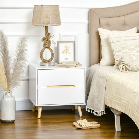 Modern Bedside Table with 2 Drawers in Chipboard and Pine Wood Legs, 50Lx40Dx50.5H cm, White