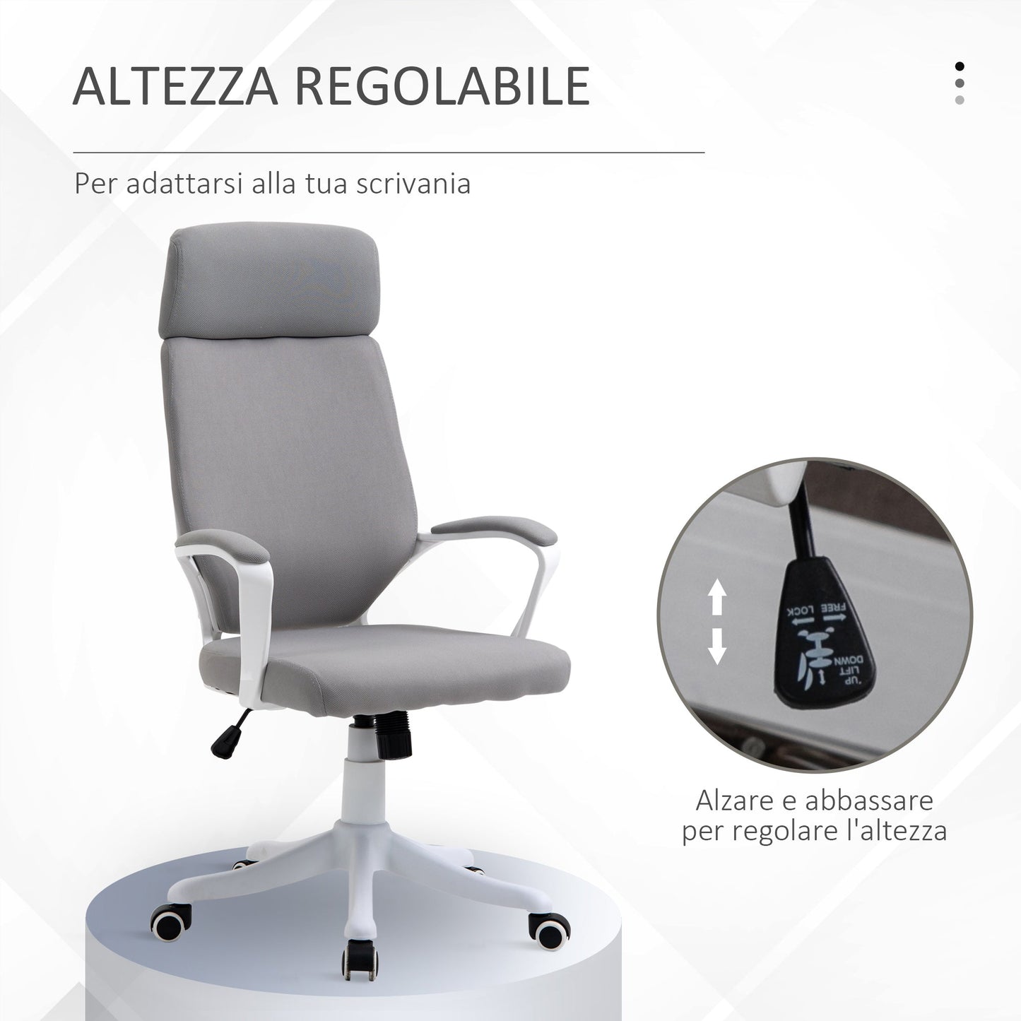 Swivel Office Chair with Headrest, Height-Adjustable Armchair with Rocking Function, 63x65x112-120cm, Light Grey