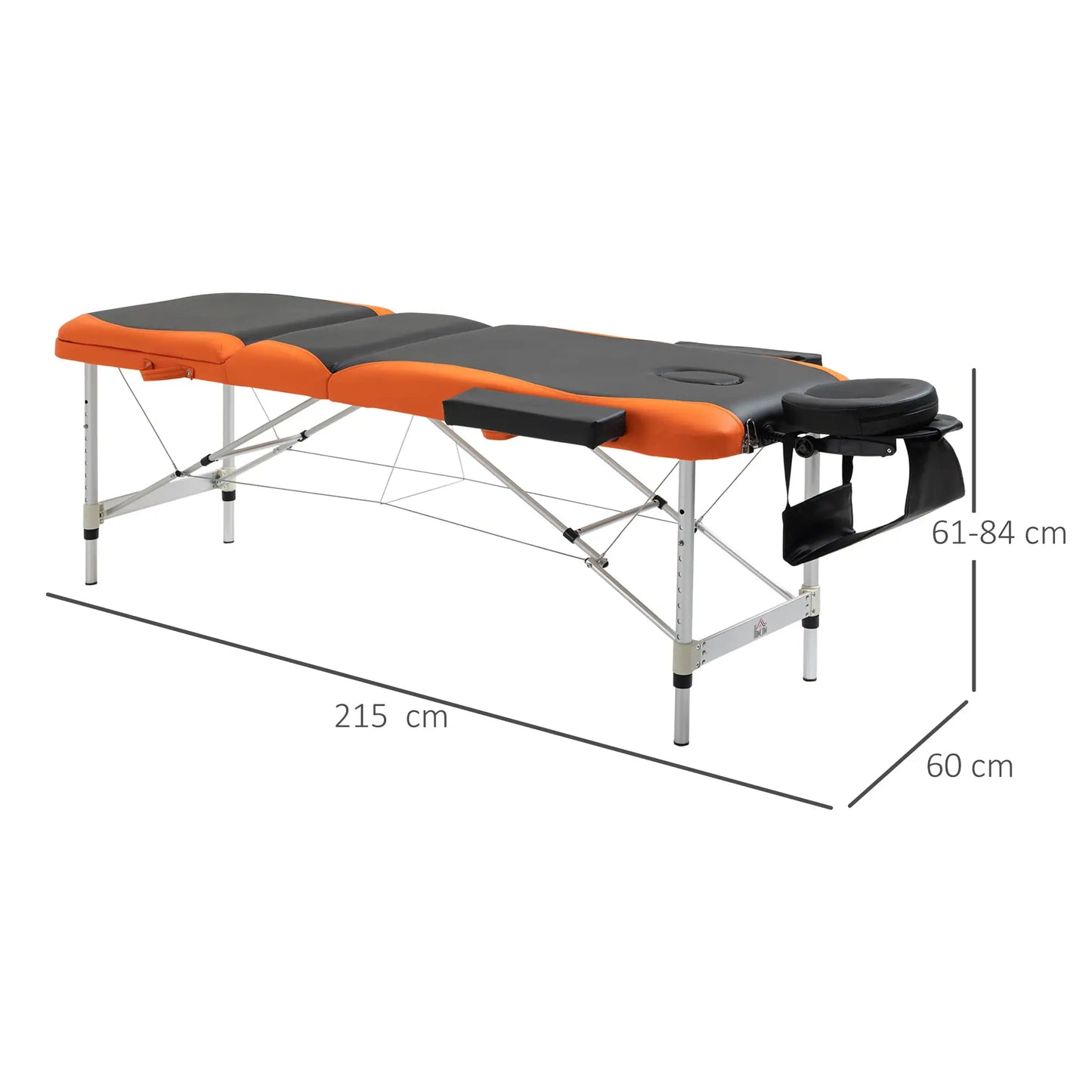 Foldable Massage and Beauty Table / Couch with Adjustable Height, Professional Massage Bed in Aluminum and Plastic, 215x60x61-84 cm, Black and Orange
