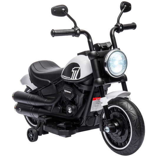 Electric Motorcycle for Children 18-36 Months with Training Wheels and Headlight, 76x42x57 cm, White and Black