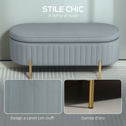72L Oval Storage Bench with Lift-Top Lid, Velvet Fabric and Wood, 108x44x43.5 cm, Grey
