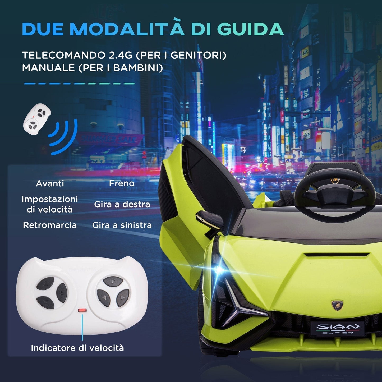 Lamborghini Electric Ride-On Toy Car for Kids, 12V with Headlights and Music, Remote Control and Speed 3-5km/h, Ages 3-5 Years, 108x62x40cm, Green