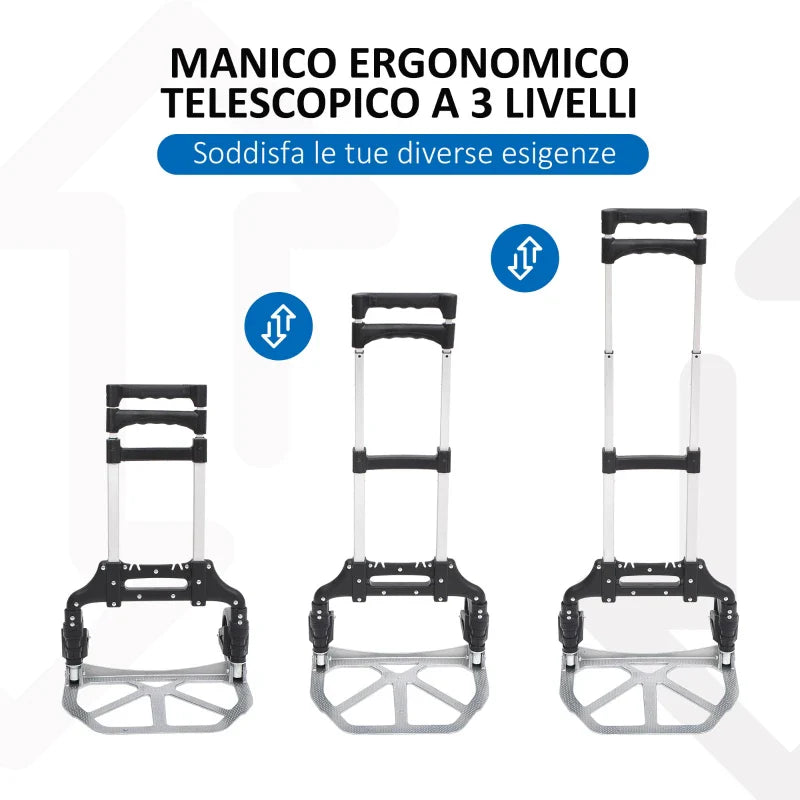 Folding Luggage Cart Max 70kg with Telescopic Handles and Adjustable Height, 41x38.5x100 cm, Silver