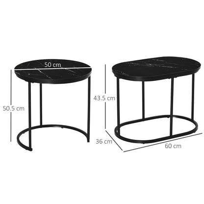 Set of 2 Coffee Tables with Marble Effect Top, in Wood and Steel, Ø50x50.5 cm and 60x36x43.5 cm, Black