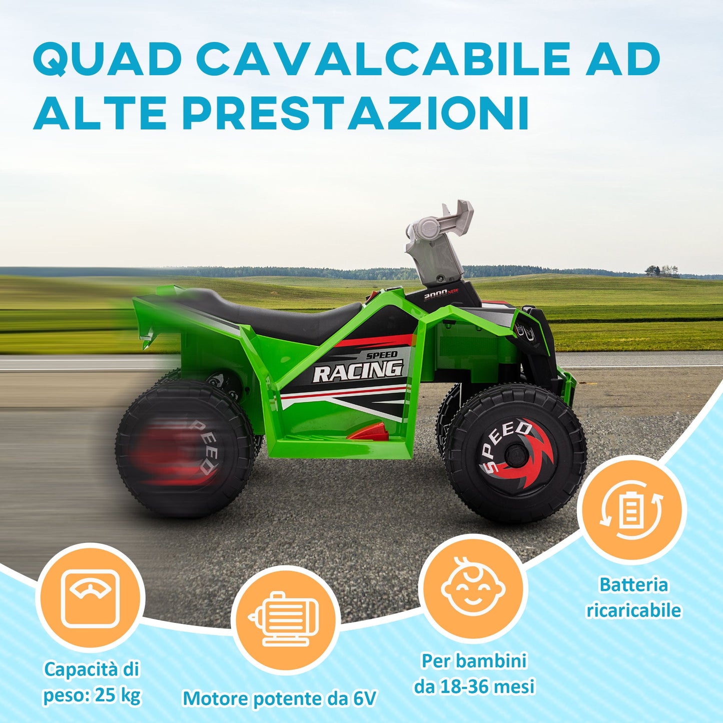 Quad for Children 18-36 Months in PP and Metal, Max Speed 2.5 km/h, 70x41.5x48.5 cm, Green Grey and Black