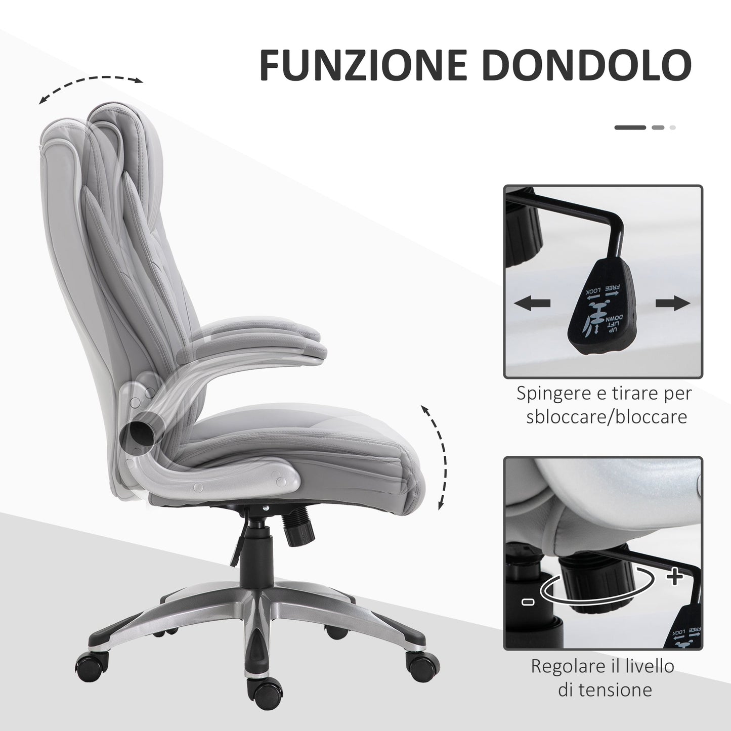 Ergonomic Office Chair with Padding, Adjustable Height and 5 Wheels, 70x71x113-121 cm, Grey