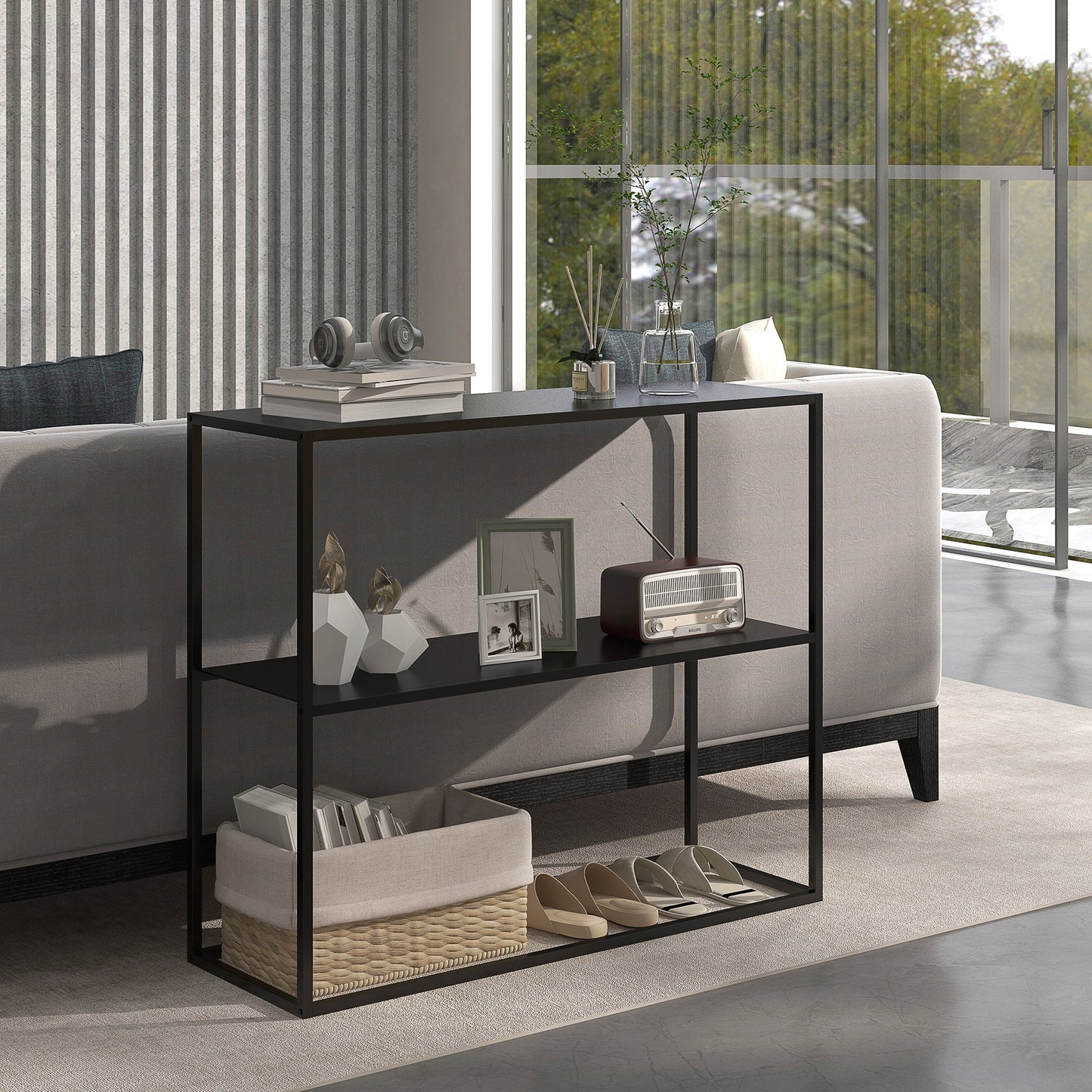 Modern 2-Tier Steel Entryway Console Table, 90x30x75cm, Black