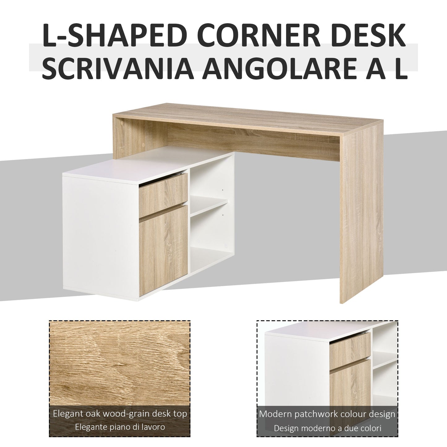 Corner Desk, Space-Saving Corner Computer Desk for Bedroom or Office, Oak and White Wood Desk