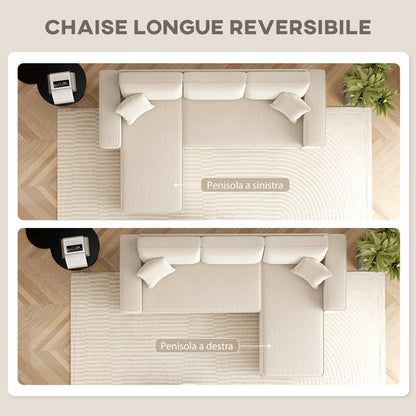 3 Seater Sofa with Peninsula in Velvet Effect Fabric, Foam and Nylon, 241x153x83 cm, Cream White