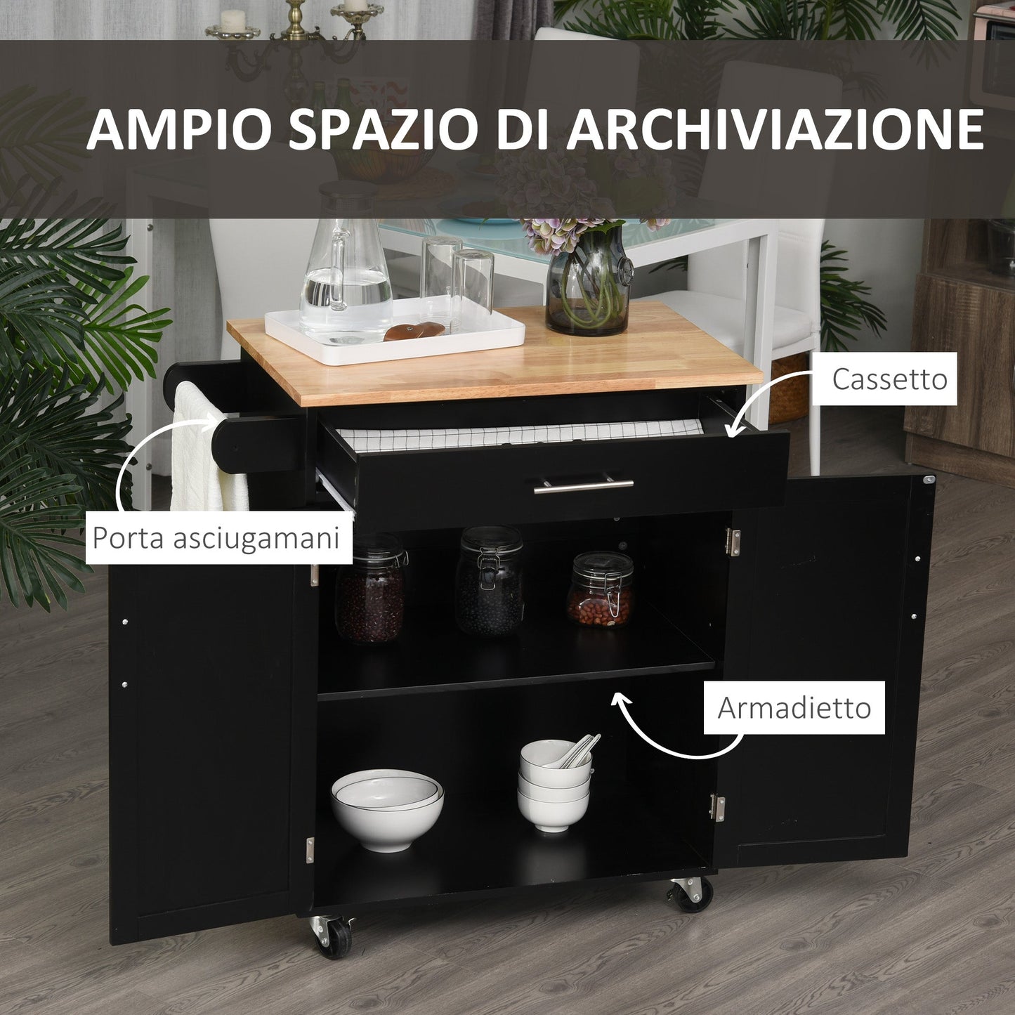 Kitchen Trolley with Drawer and Cabinet 2 Doors, Wheels and Side Bar, 83x45x91.5cm, Black