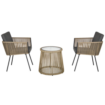 Set of 2 Outdoor Chairs with Table in PE Rattan Boho Style, Khaki and Grey
