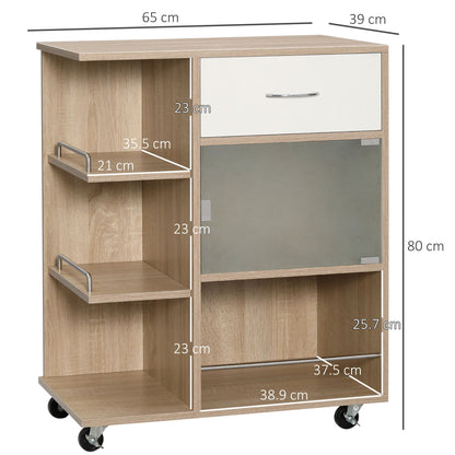 Kitchen Trolley Food Cart with Drawer, Shelves and Cabinet in Wood, Steel and Glass, 65x39x80cm