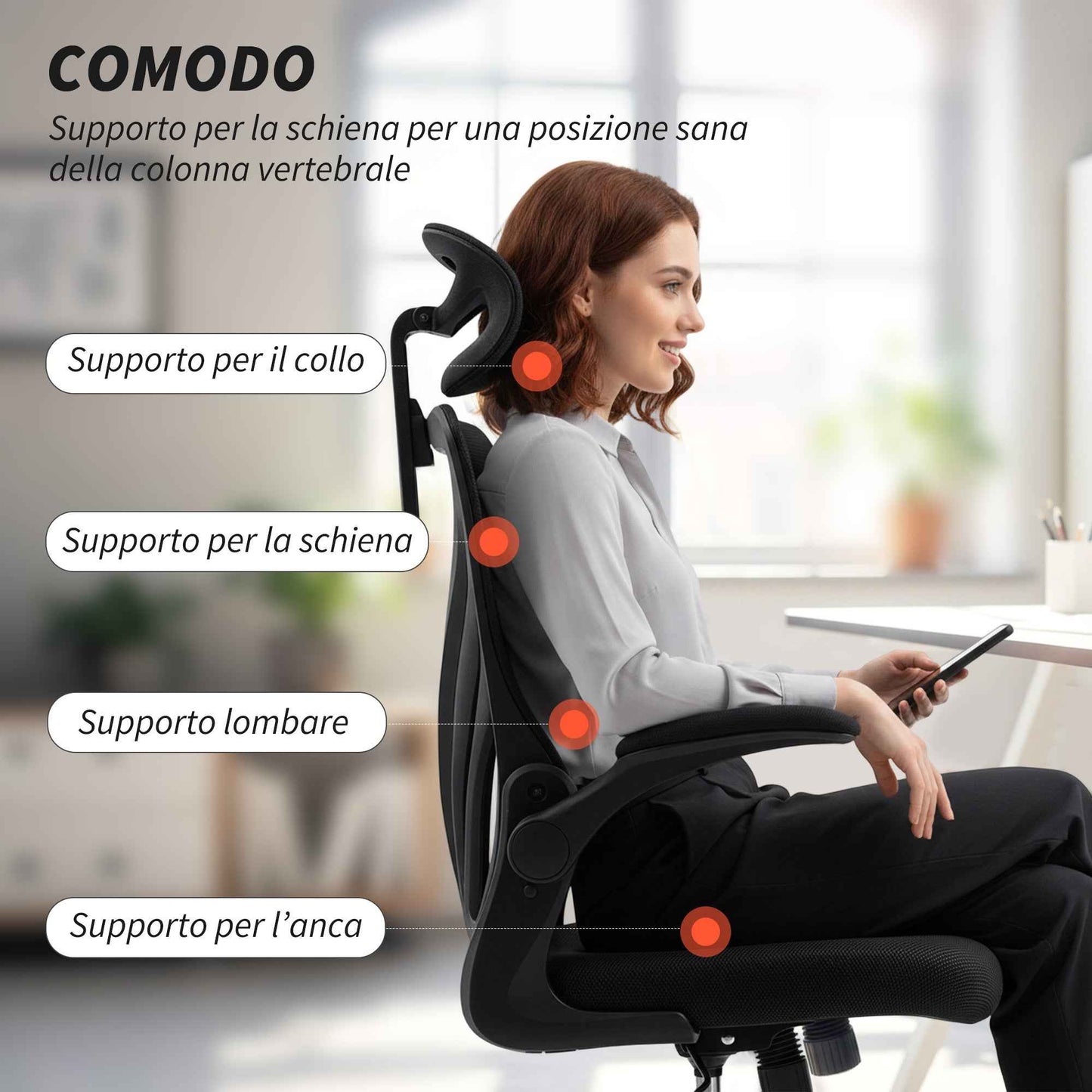 Ergonomic Office Chair with Flip-Up Armrests, Lumbar Support and Adjustable Headrest, Black