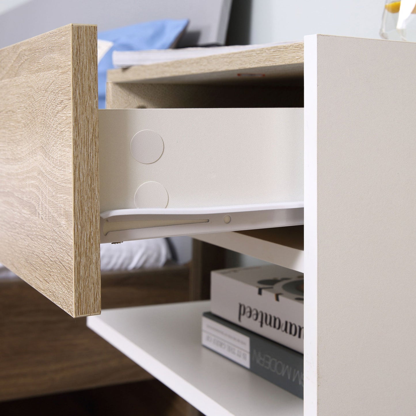 Set of 2 Wall-Mounted Bedside Tables with Drawer and Shelf, Modern Bedroom Furniture, White and Oak