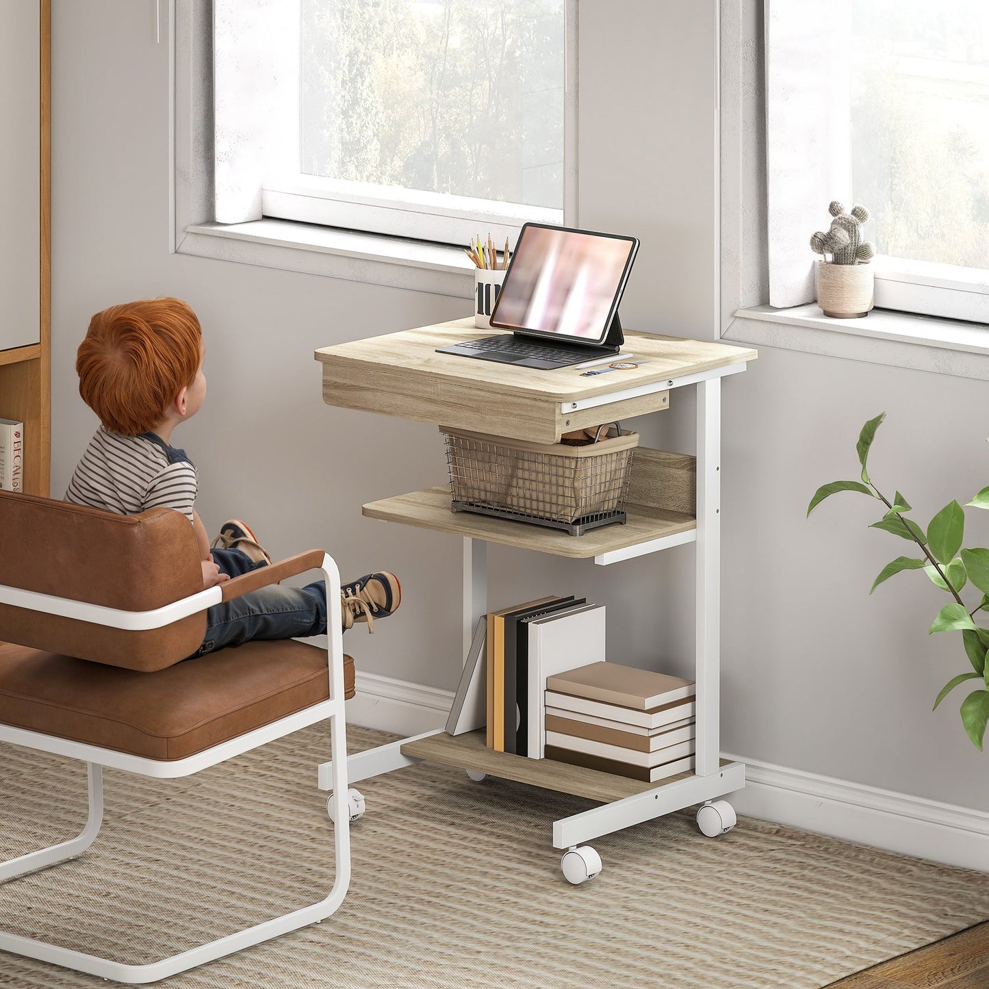 PC Desk with Sliding Drawer, 2 Shelves and 4 Wheels, in Wood and Metal, 56x51x79 cm, White and Oak