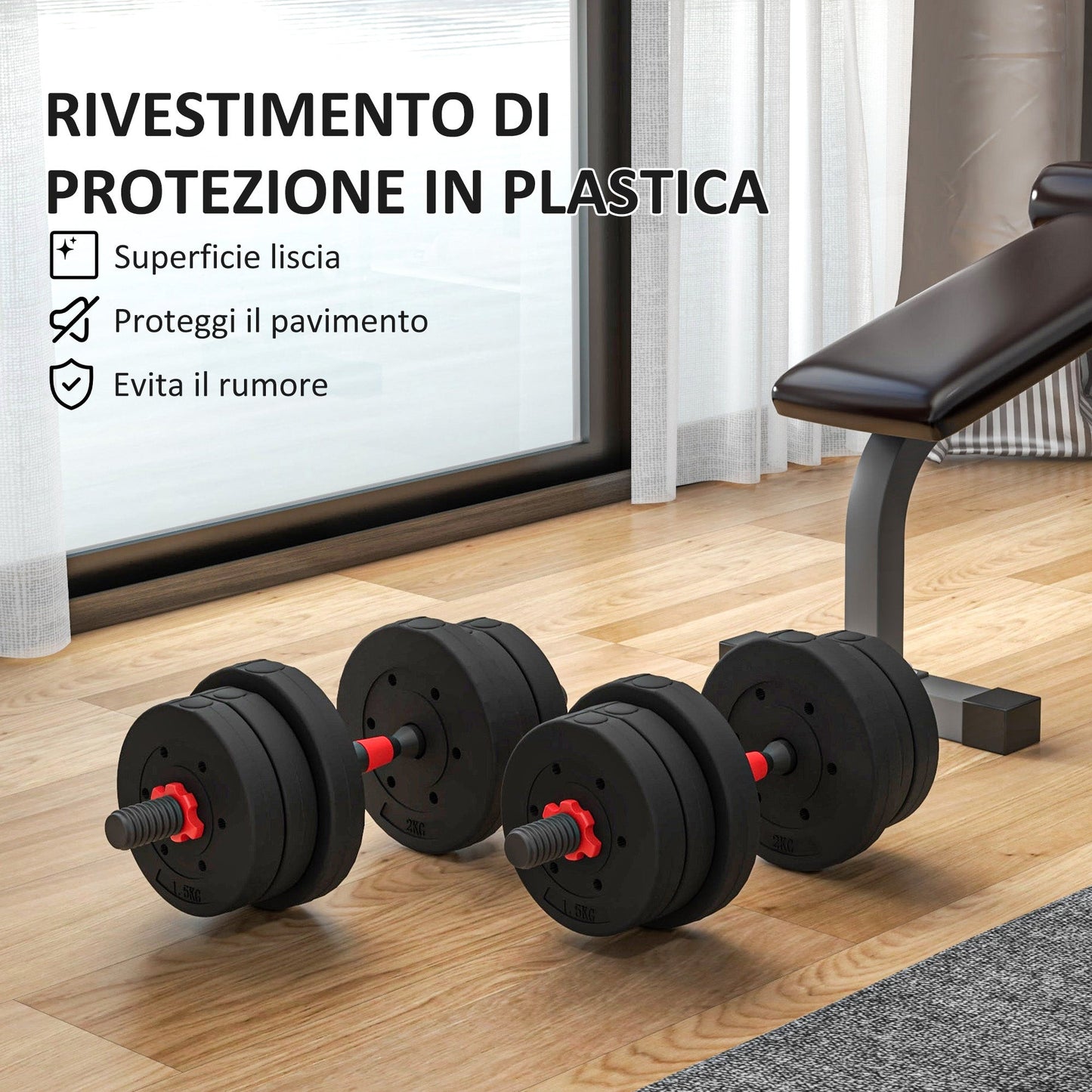 Set of 2 Non-Slip Dumbbells with 12 Weight Discs of 20 kg Total and Connector, in Steel, HDPE and Sand, Black