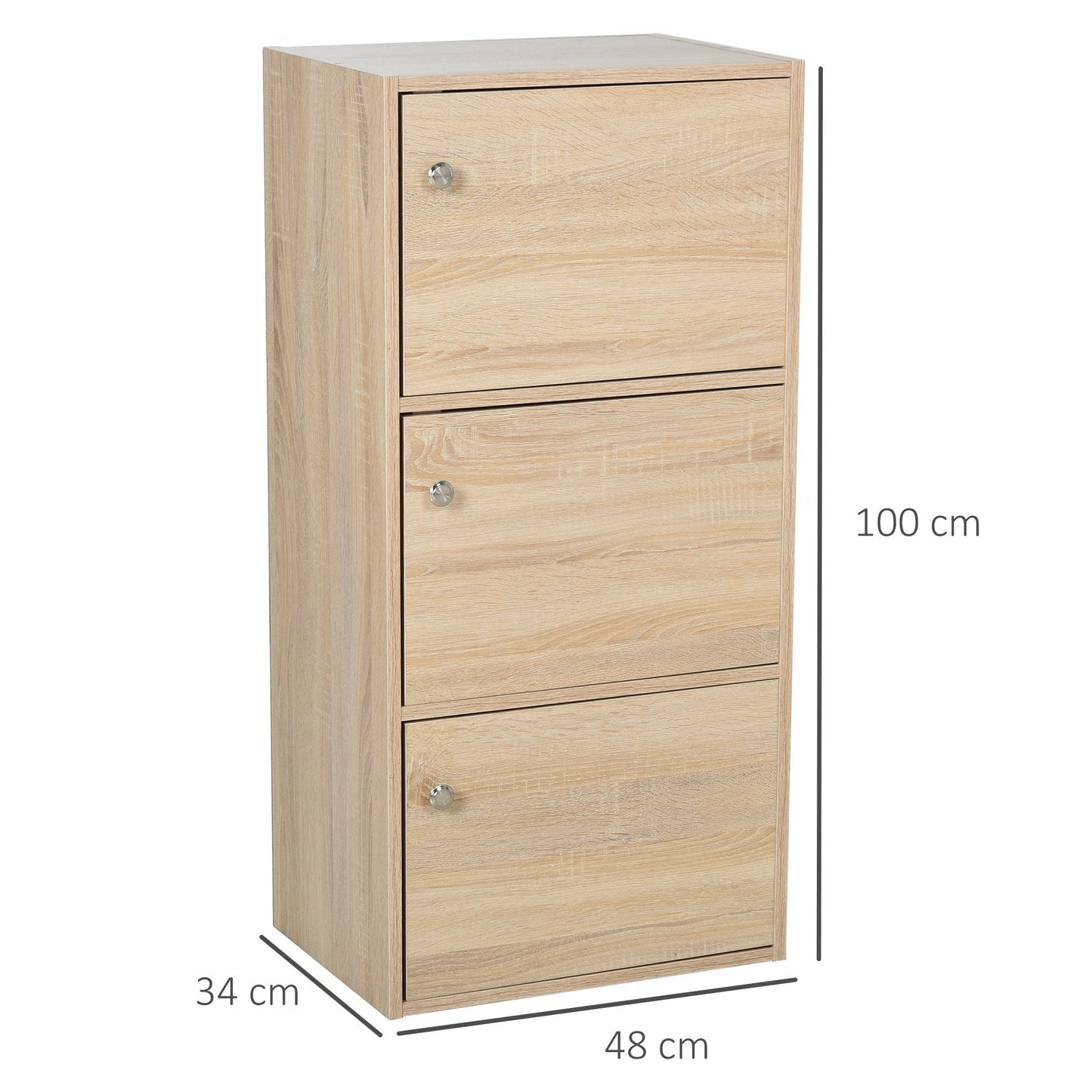 Multiuse cabinet with 3 wooden shelves and 3 doors for home or office 48 x 34 x 100cm