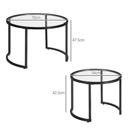 Set of 2 Nesting Glass and Steel Coffee Tables, Ø70 x 47.5 cm and Ø54 x 42.5 cm, Black