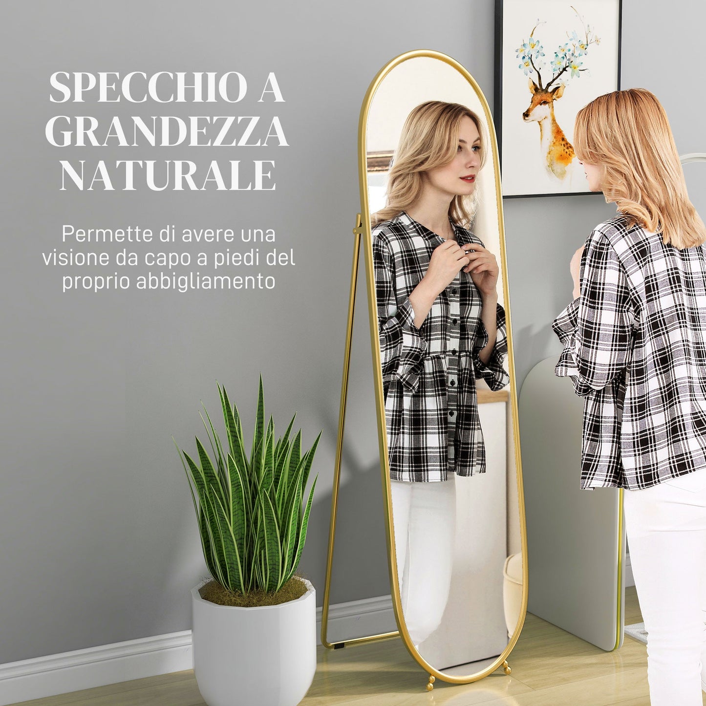 Oval Vertical Floor Mirror with Stand, in Glass and Metal, 40x41x159 cm, Gold Tone